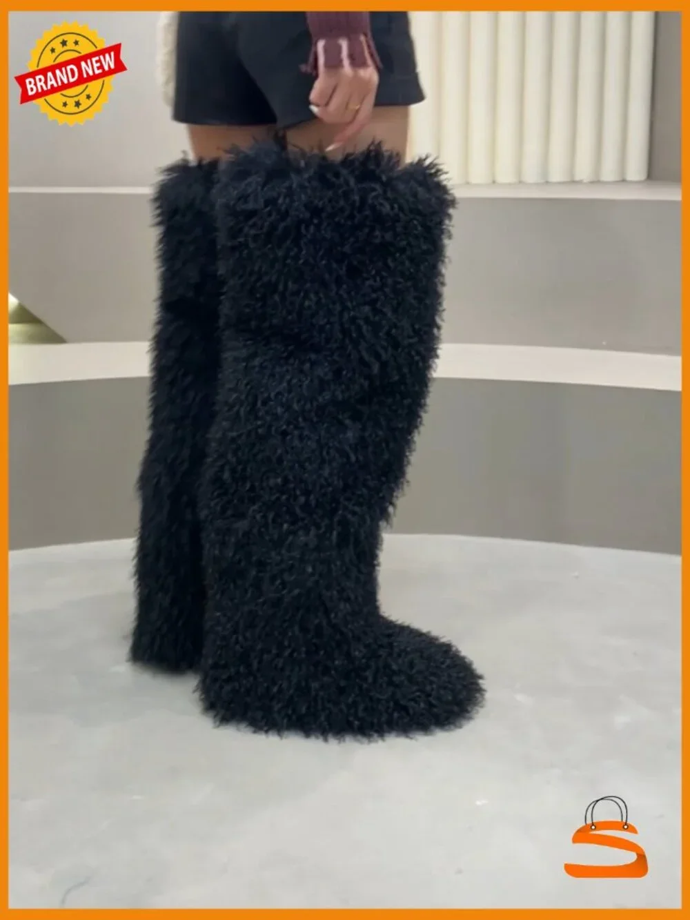 Faux fur knee-high boots, Y2K over-the-knee fluffy flat boots 28in